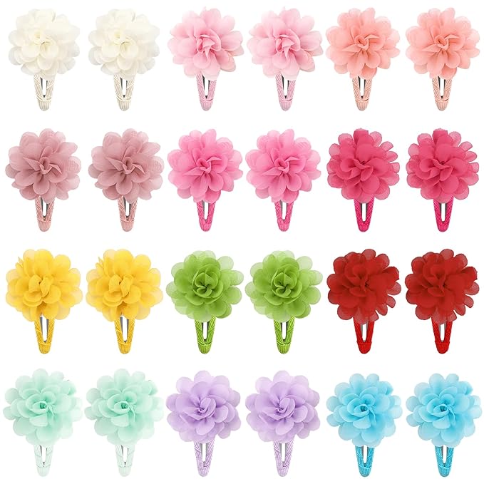 DeD 24PCS 2.7" Chiffon Flower Hair Bows Clips Flower Tiny Hair Clips Fine Hair for Girls Infants Toddlers Set of 12 Pairs