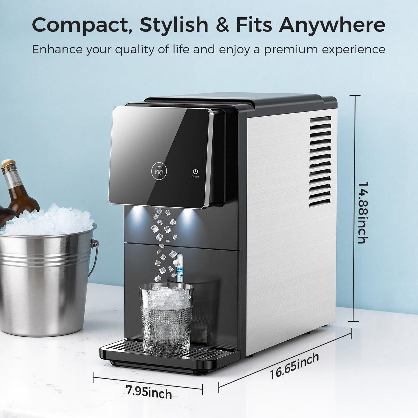 33 lbs/Day Countertop Nugget Ice Maker with Self-Cleaning,Portable Countertop Ice Machine, Auto Lighting, Measured Dispensing,and Ice Full Minder for Home, Kitchen, Office, Black