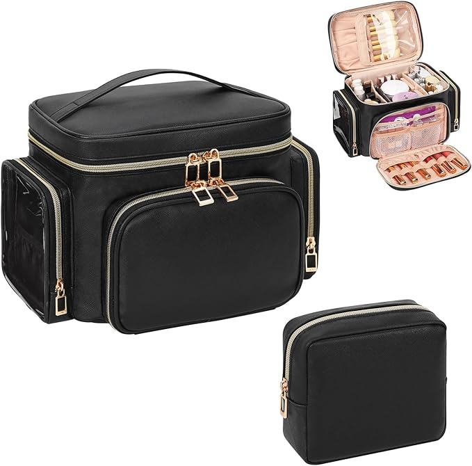 Makeup Bag, 2PCS Leather Large Travel Makeup Bag, Portable Waterproof Makeup Bag Organizer for Women with Makeup Brush Compartment, Cosmetic Travel Bag Vertical Storage Toiletry Bag, Black