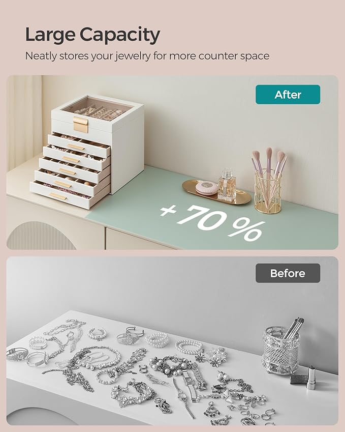 SONGMICS GISELLA Collection - Jewelry Box Organizer, 6-Layer Jewelry Storage with 5 Drawers, Shiny Metal Hardware, Glass Lid, Modern, 8 x 9.1 x 9 Inches, Cloud White and Gold Color UJBC176W01