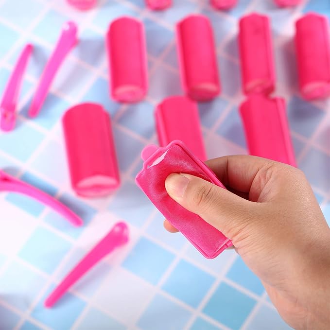 40 Pieces Sponge Hair Rollers Satin Rollers Silk Foam Rollers Women Hair Curlers with Duck Teeth Clips for Hairdressing Styling(Multi-size,Rose Red)