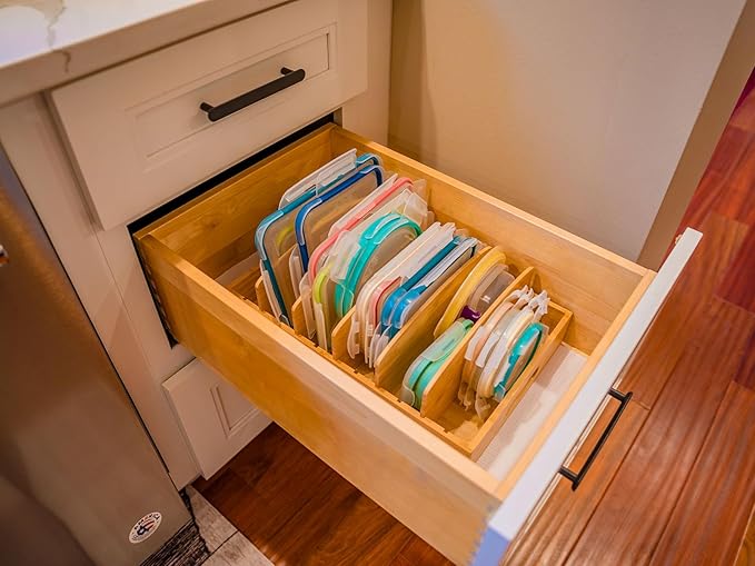 Umilife Extra Large Kitchen Cabinet & Drawer Organizer, Bamboo Lid Holder with 5 Tall Adjustable Dividers, Pantry Organization and Storage for Food Container Lid