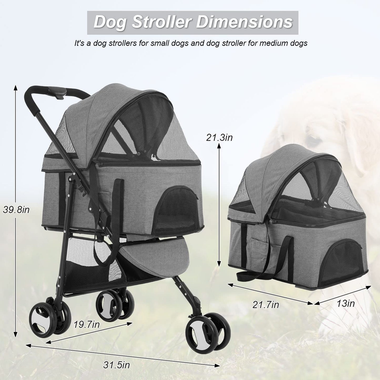 BestPet 3-Wheels Pet Stroller - Dog & Cat Premium 3-in-1 Multifunction Detachable Carrier Lightweight Folding Travel Stroller, Grey