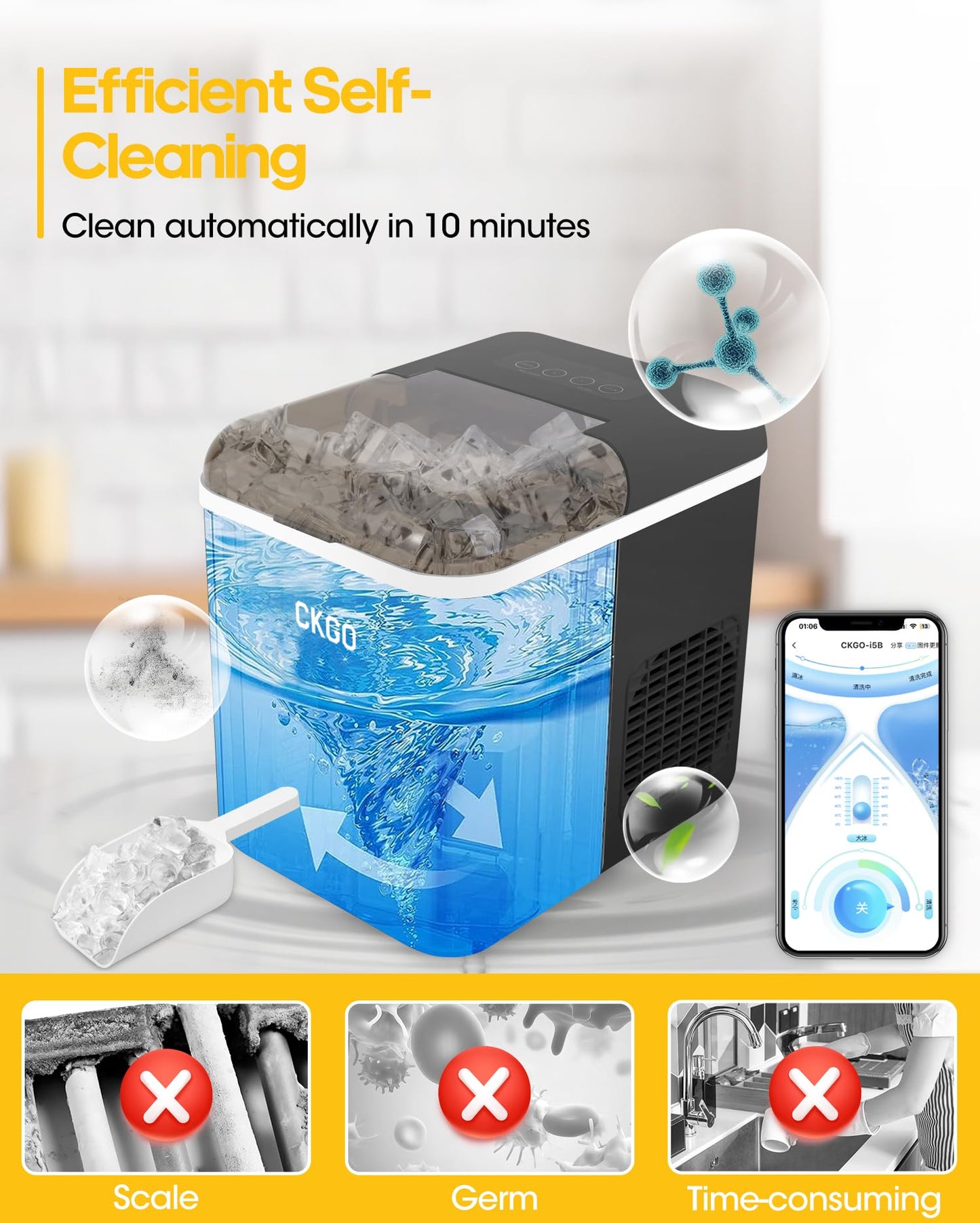 Ice Maker Countertop, 9 Cubes in 6 Mins, 33 lbs per Day, Portable Bullet Ice Machine, Self-Cleaning Ice Makers with Basket and Scoop, Ideal for Home, Kitchen, Camping, RV