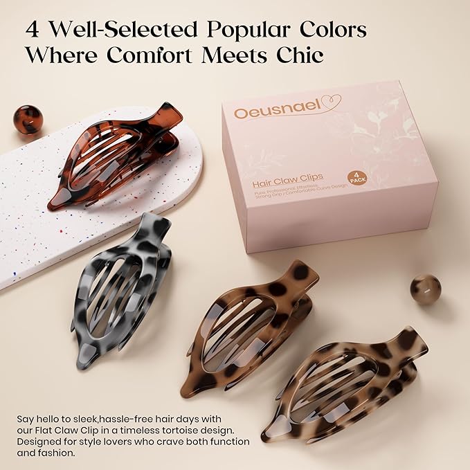 4 PCS Large Flat Hair Clips for Women Girls, French Concord Lay Down Flat Claw Clips for Thick Thin Hair, Comfortable Curved Clip, Stylish Tortoiseshell Strong Hold Hair Accessories, Leopard