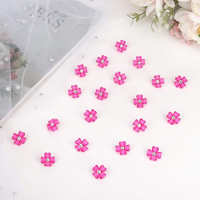 YISSION 20 Pcs Mini Hot Pink Flower Hair Clips with Rhinestone Cute Hair Pins Decorative Hair Clips Wedding Hair Barrettes Bridal Hair Accessories for Girls Women