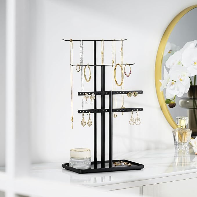 pickpiff Black Jewelry Stand Holder Organizer: 14.5" Sturdy Hanger for 80 Pcs Jewelry, Jewlery Tower for Display Necklace, Earring, Bracelet, Watch