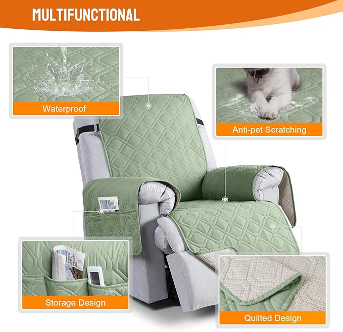 VANSOFY 100% Waterproof Recliner Chair Covers, Recliner Cover Non-Slip Dog Chair Cover Furniture Protector Washable Slipcover with Pocket, Elastic Straps for Pets, Dogs(Light Green, 23.6")