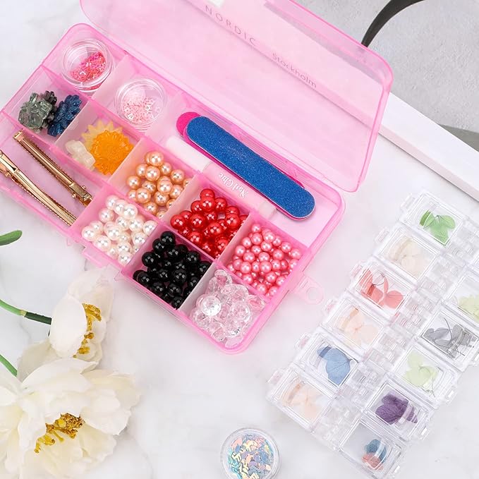 Small Compartment Organizer Case, 4PCS 15-Grid Adjustable Plastic Box with Dividers, Acrylic Fake Nail Charms Bead Rhinestone Jewelry Holder, Craft Screw Hardware Parts Empty Storage Container