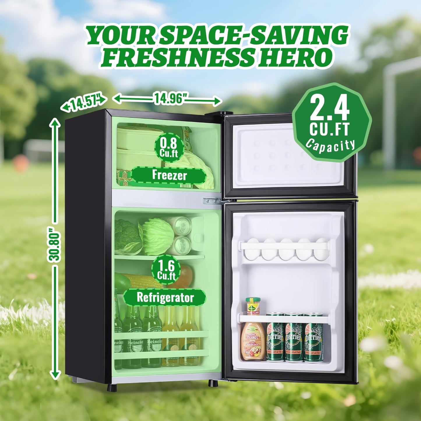 DEMULLER 2.4 Cu.ft Mini Fridge with Top Freezer Apartment Size Dual Door Compact Refrigerator for Personal Use Small Fridge with Egg tray, 7 Temperature Control For Dorm, Silver