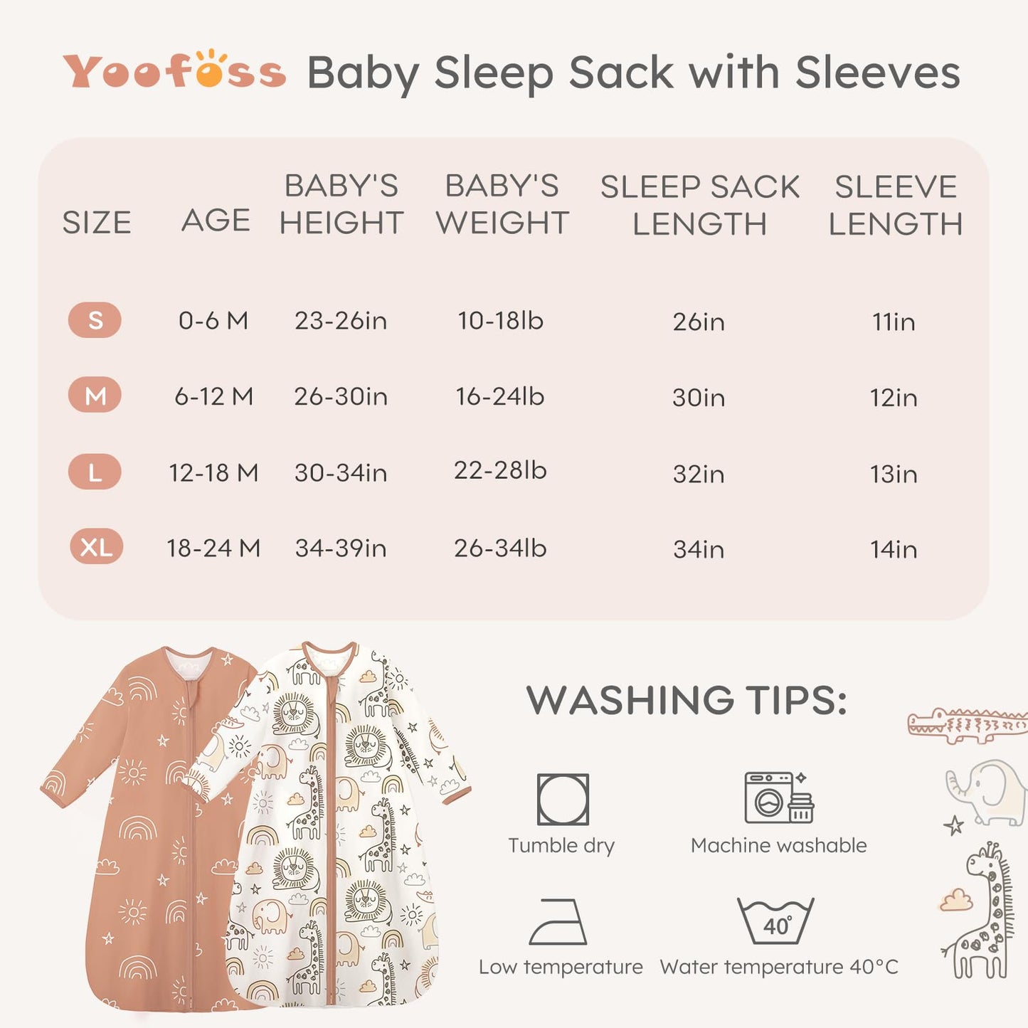 Yoofoss Baby Sleep Sack 6-12 Months Long Sleeve Wearable Blanket Baby 100% Cotton 2-Way Zipper 0.5 Tog Infants Sleeping Sack, Lightweight(Medium)