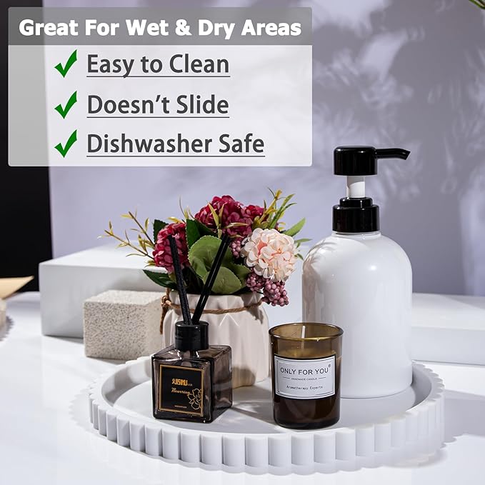 HighHerz Silicone Bathroom Countertop and Vanity Tray-10 Inch Round Silicone Bathroom Tray, Modern Bathroom Decor, Coffee Table Decor, Decorative Tray for Candle, Perfume, Plants (White)