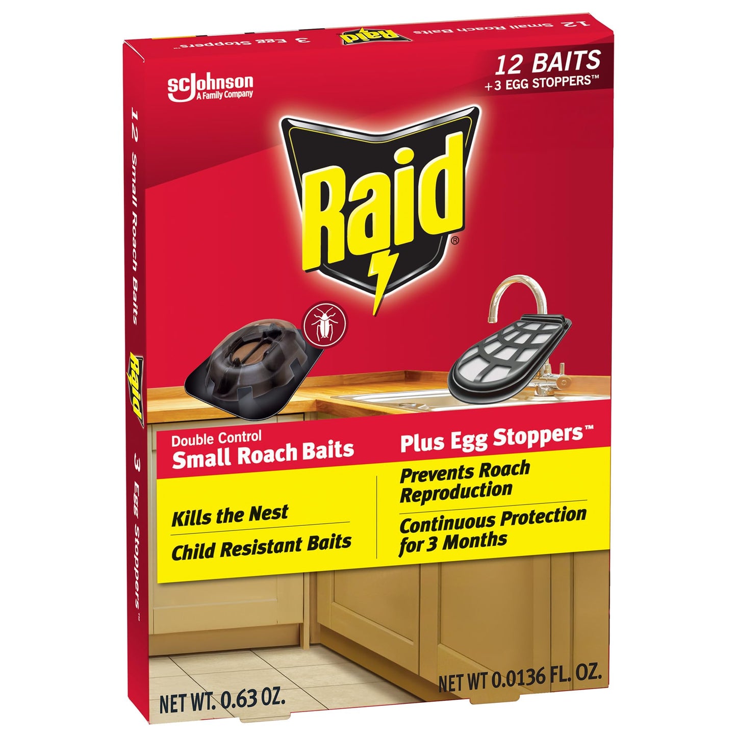 Raid Double Control Small Roach Baits, Plus Egg Stoppers, Child Resistant, For Indoor Use, Kills Roaches for 3 Months, 12 Count