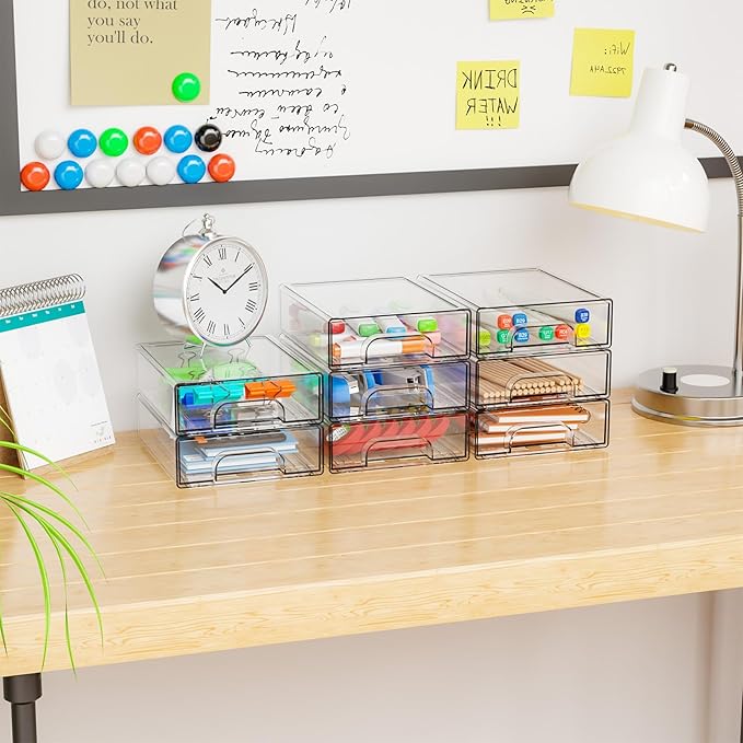 Yieach 2.2'' Tall Small Clear Stackable Storage Drawers,2 Pack Stacking Acrylic Organizers Drawers for Hair Accessories,Makeup,Pen,Art Crafts,Office Supply Organizer and Desktop Plastic Mini Drawers