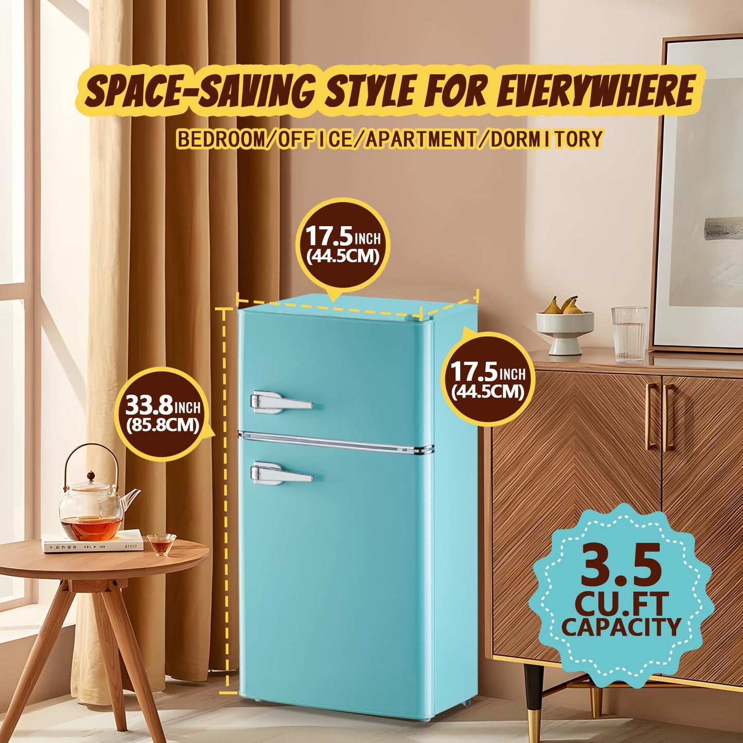 TACOOL Small Fridge with Freezer Mini Refrigerator Double door Removable Glass Shelves 7 Temp Gear Detachable Handle Blue