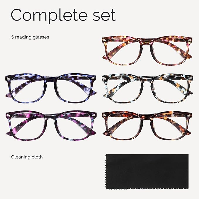 CCVOO +1.0 Clear Vision Reading Glasses for Women ?€? 5-Pack Blue Light Filtering Readers with Spring Hinges