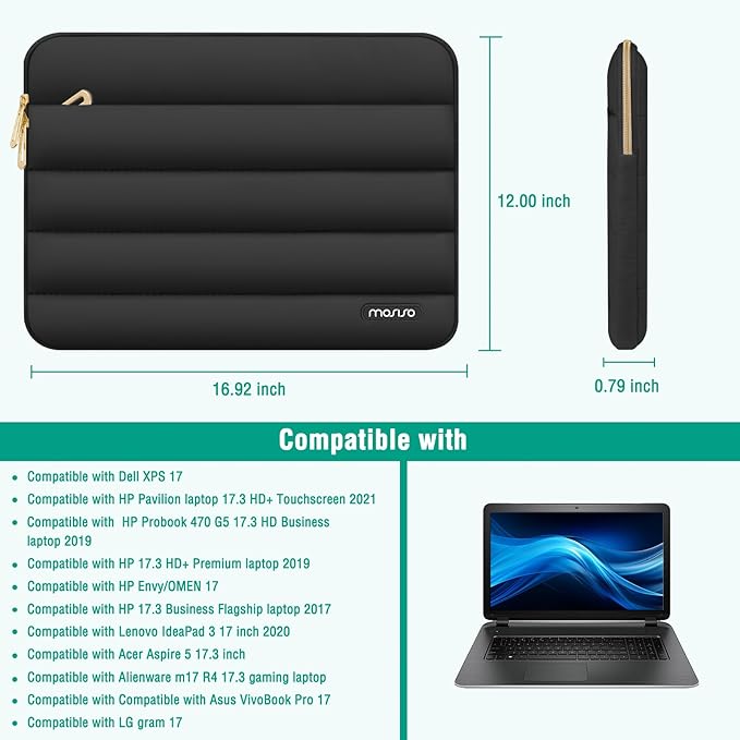MOSISO Laptop Case 17.3 inch, 17-17.3 inch Puffy Laptop Sleeve Compatible with Dell XPS/HP Pavilion/Ideapad/Acer/Alienware/HP Omen Notebook Computer, Polyester Horizontal Bag with Small Case, Black