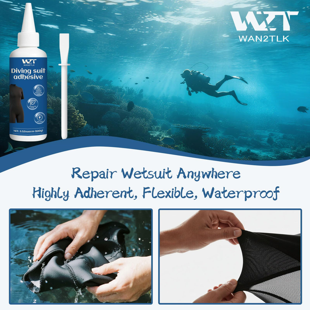 WAN2TLK Wetsuit Repair Kit, 100g Wetsuit Glue & Applicator, Quick Permanent Fix Wader Patch Kit for Wetsuits, Neoprene, Diving Suits, Waders