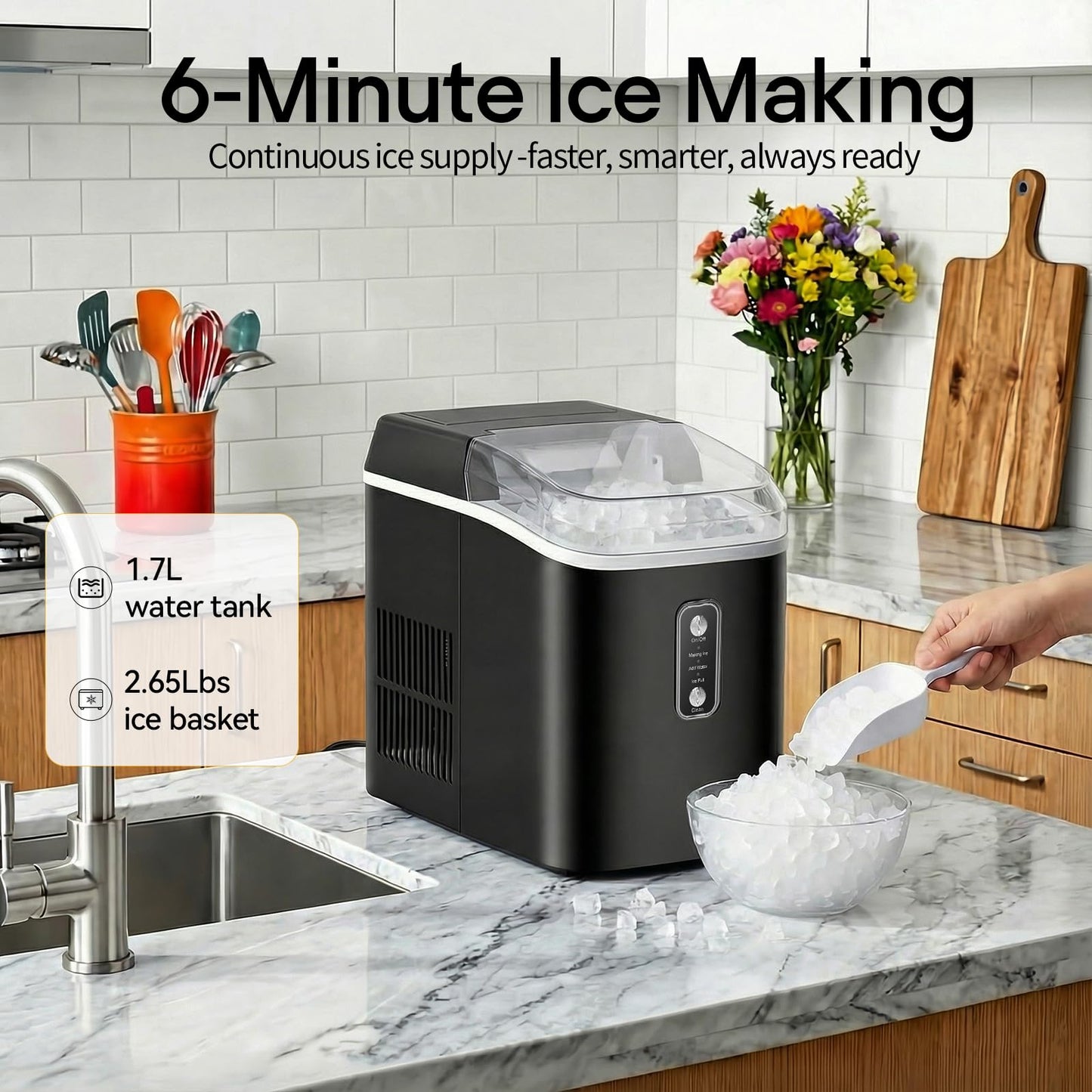 KMFurnila Nugget Ice Maker Countertop, Portable Ice Makers Machine with Removable Basket and Scoop, Self-Cleaning, Quiet, 6-Min Ready, 24lbs in 24Hrs, Visible, for Home, Party, RV, Camping, Black