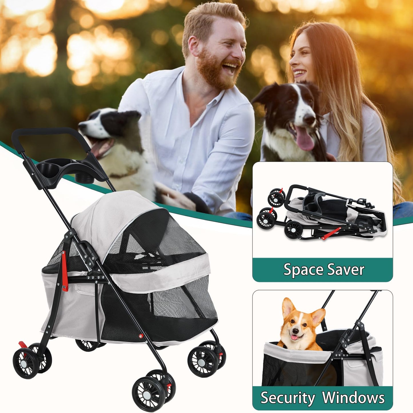 sxvbdway 4 Wheels Pet Stroller for Medium Small Dog up to 50lbs, Dog Cat Stroller, Outdoor Travel Pet Folding Strollers, Cat Cage Strollers with Cup Holder, Breathable and Visible Mesh (1 Set-Grey)