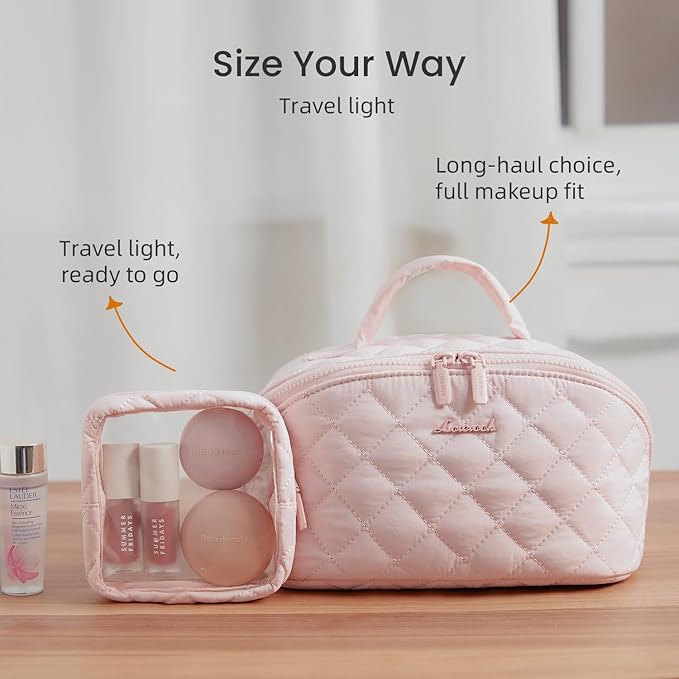 LOVEVOOK Travel Makeup Bag for Women, 2Pcs Puffer Waterproof Cosmetic Organizer, Large Capacity Pouch Open Flat Small Toiletry Bag with Brush Compartment & Handle (Pink-Checkered, Medium)