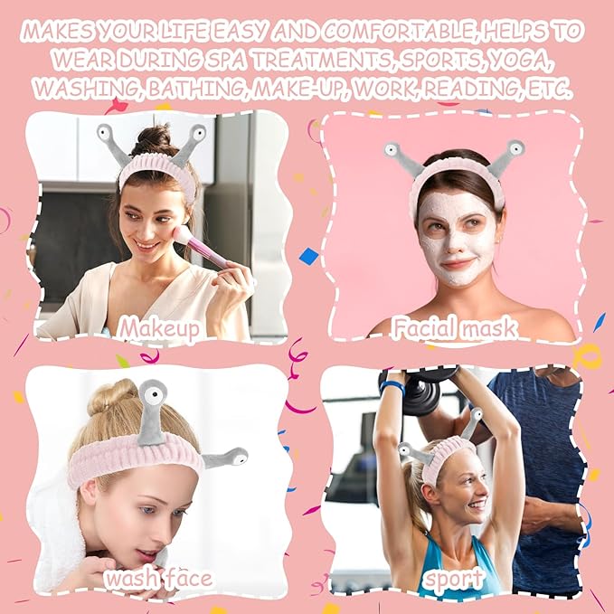 Face Wash Headband, Palm and Snail Spa Hair Bands Makeup Headbands Women Cartoon Cute Coral Fleece Elastic Headband Creative Hair Accessories for Washing Face Shower Sports (Pink&Grey)