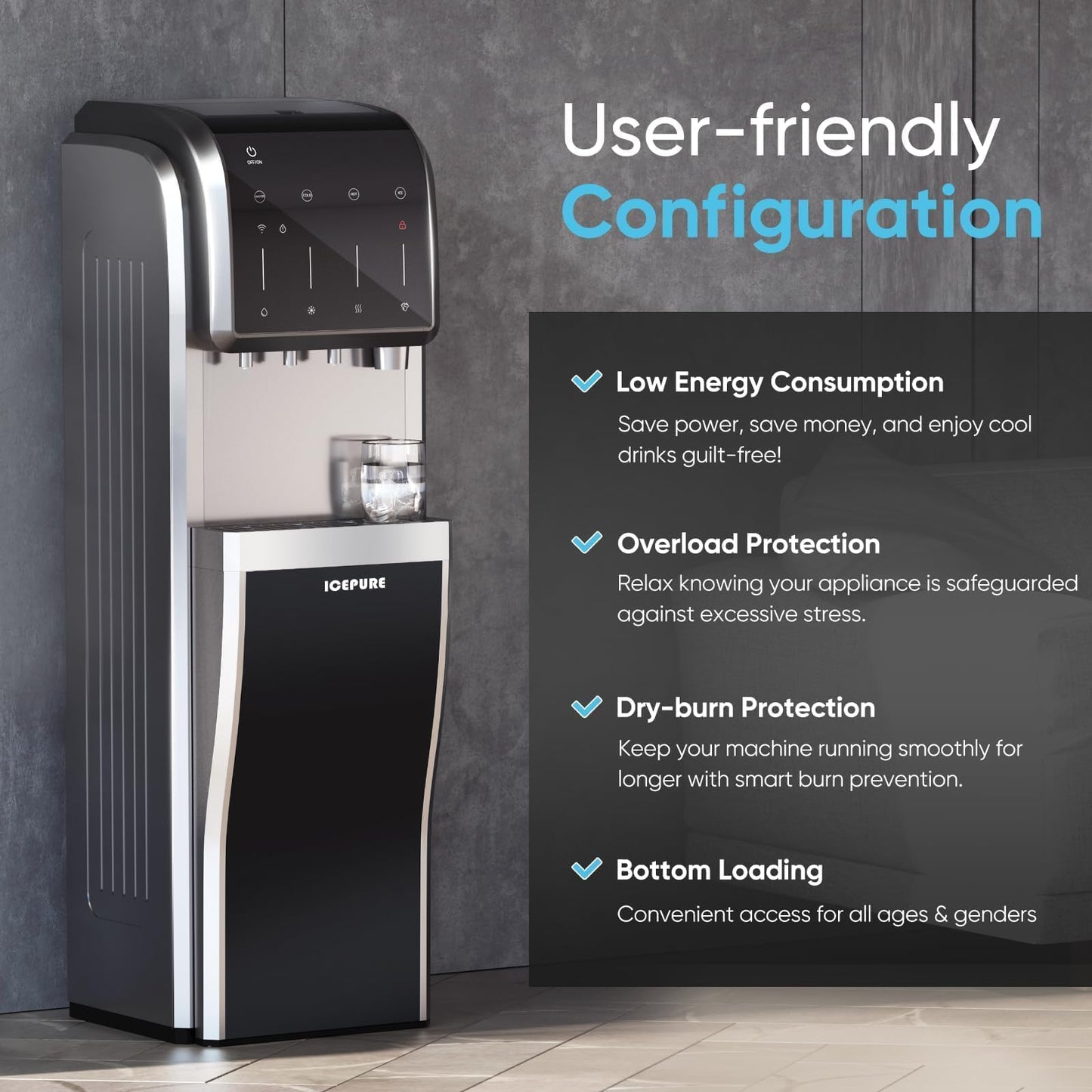 ICEPURE Water Dispenser with Ice Maker, 3-in-1 Hot and Cold Water Cooler with Built-in Bullet Ice Maker Machine, 26.5lbs/24H, Top Loading for 3-5 Gallon Bottle, Child Safety Lock, Black