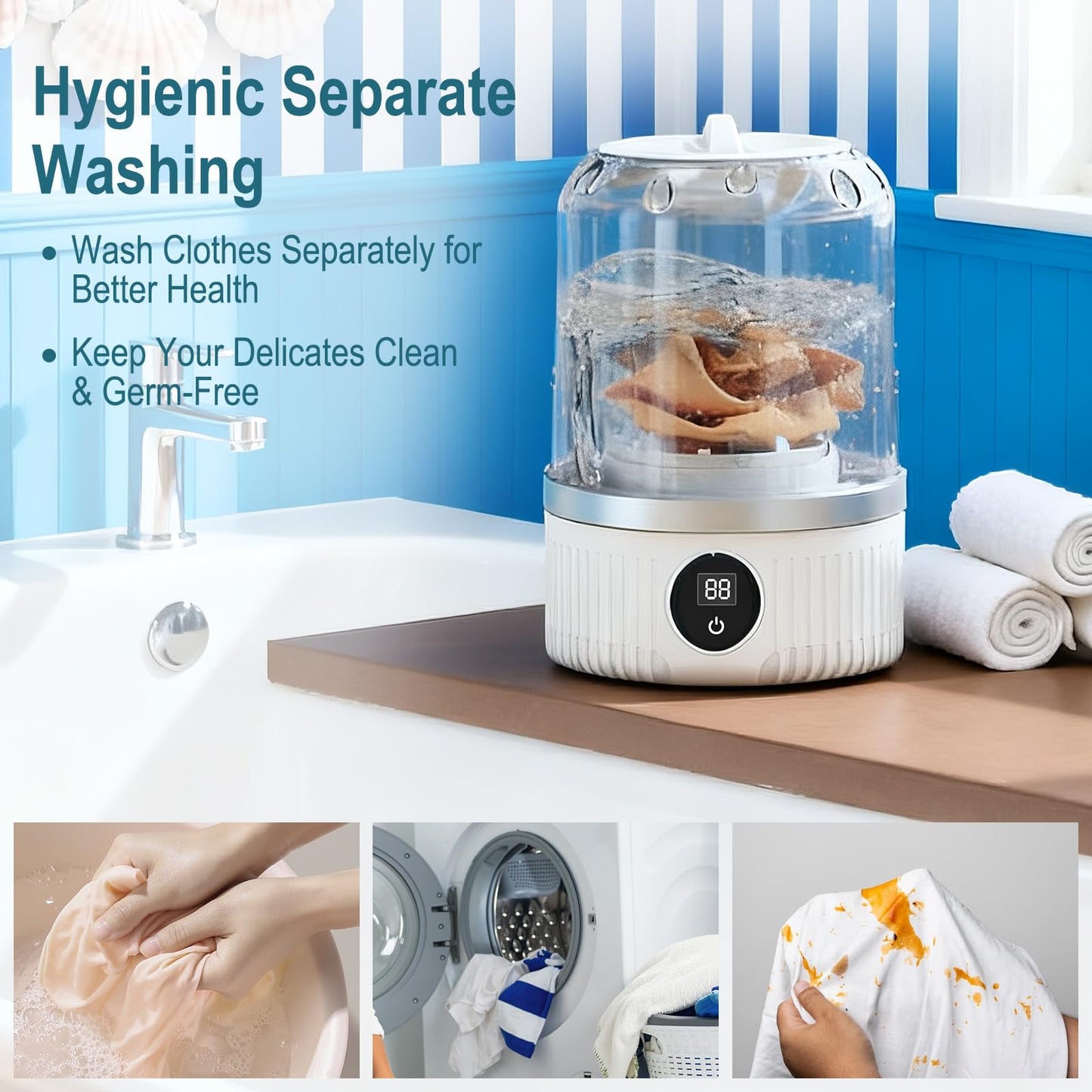 Portable Washing Machine, Compact Laundry Washer Deep Cleans Small Clothes, Socks, Underwear, Mini Washing Machine Rechargeable for Apartment, RV, Hotel, Travel & Camping Use