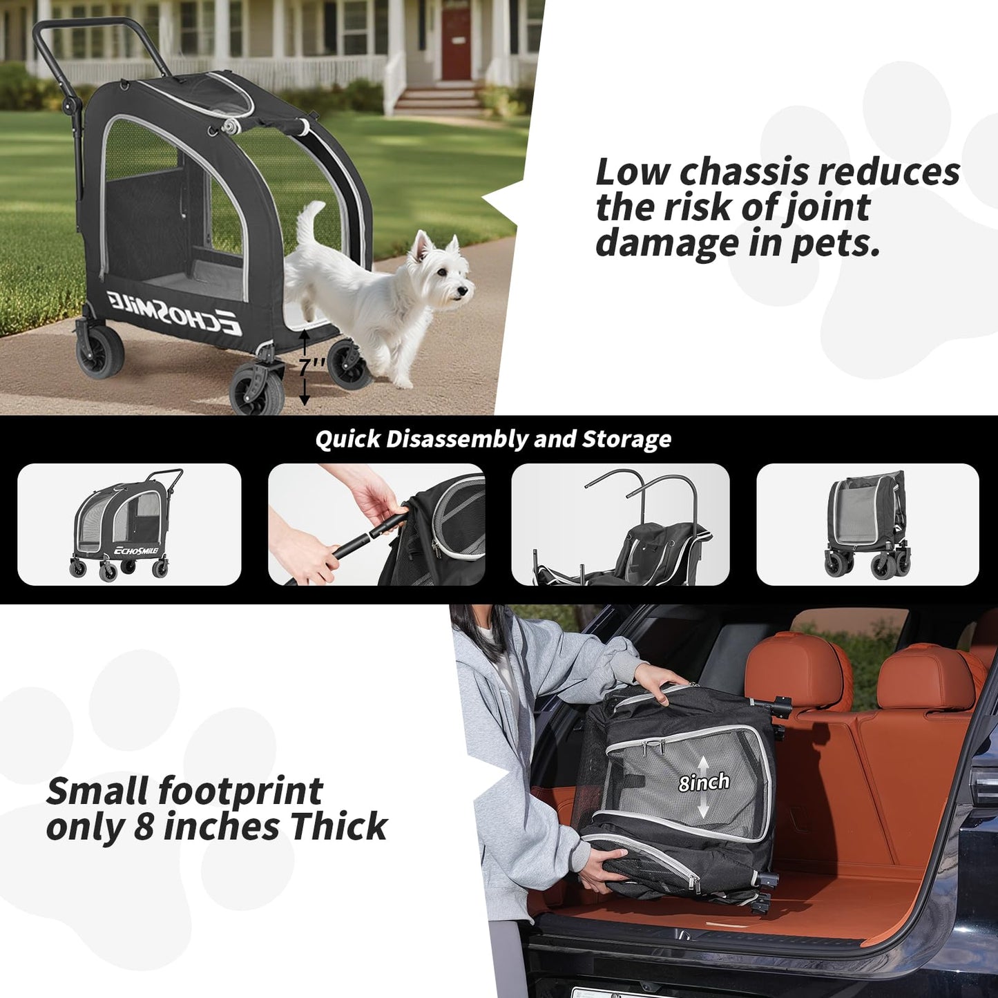 EchoSmile 4 Wheels Pet Stroller, Dog & Cat Stroller for All-Season, Lightweight Carrier with Storage Basket, Adjustable Handle, Removable Pad, Breathable Mesh, Up to 135 lbs, Black (Black)