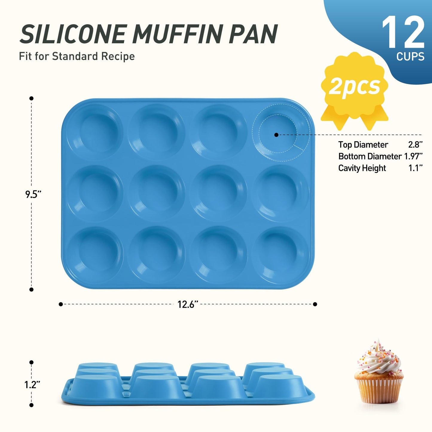 2 Pack 12 Cups Silicone Muffin Pan with Metal Reinforced Frame Regular Size Silicone Molds Cupcake Cake Baking Pans Cookie Baking Chocoflan Cupcake Mold Muffin Tin Tart Pans Necessities Cookware