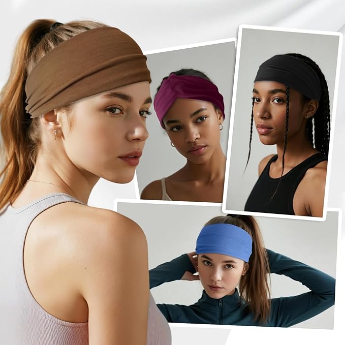 HSEM Headbands for Women, Non Silp Wide Hair Bands, Elastic Thick Head Bands, Stretchy Soft Sports Sweat Bands for Spa Workout Running Gym, Cotton Cloth Band 6Pcs