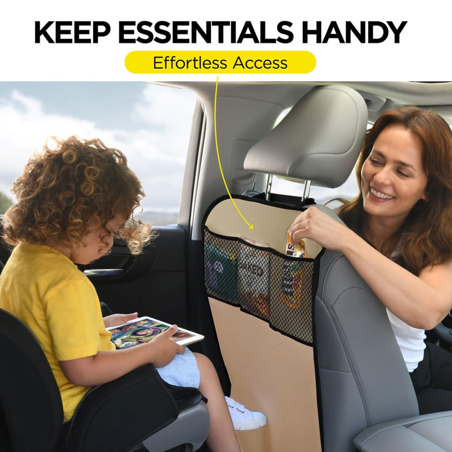 lebogner Back Seat Cover for Kids + 3 Pocket Storage Organizer, 2 Pack Kick Mats Backseat Protector, Car Accessories Waterproof Kick Guard for Vehicles to Protect from Dirt, Mud & Scratches, Beige
