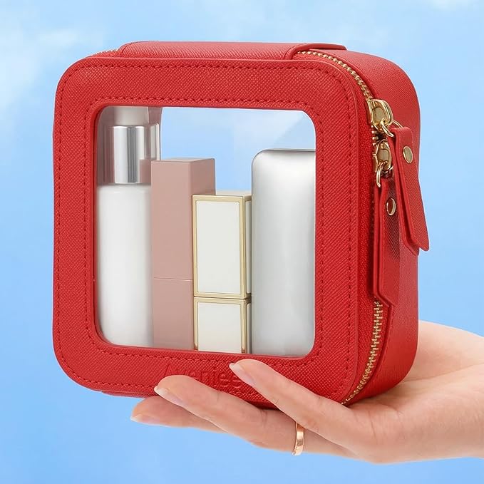 Aveniee Mini Clear Makeup Bag, Small Cosmetic Bags Travel Toiletry Pouch Organizer, TSA Approved Make up Case with Zipper, Car Bag for Essentials,Red