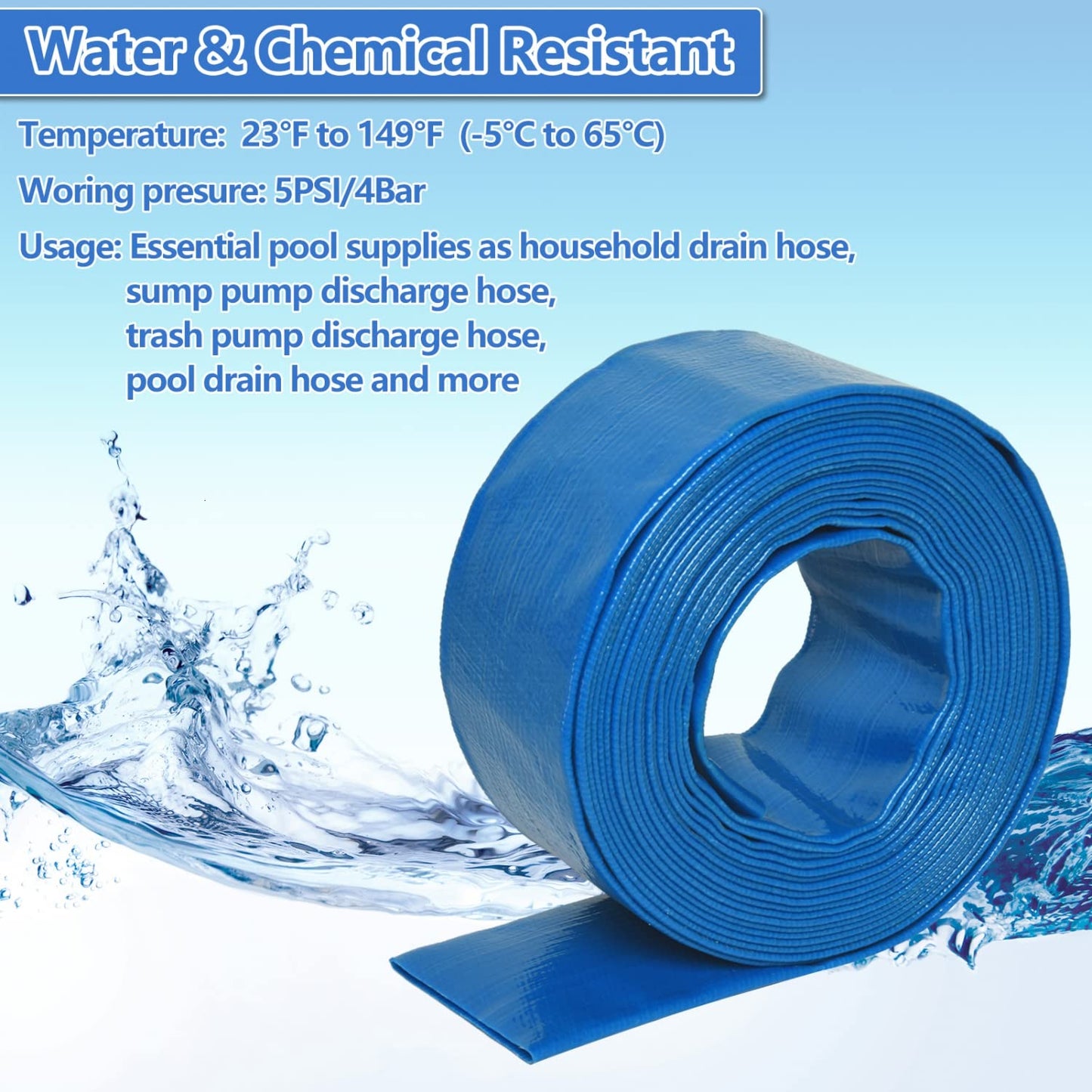 Gonioa 2 inches x 25 FT Heavy-Duty PVC Swimming Pool Backwash Hose, Reinforced Discharge Hose with Clamp for Swimming Pools, Blue