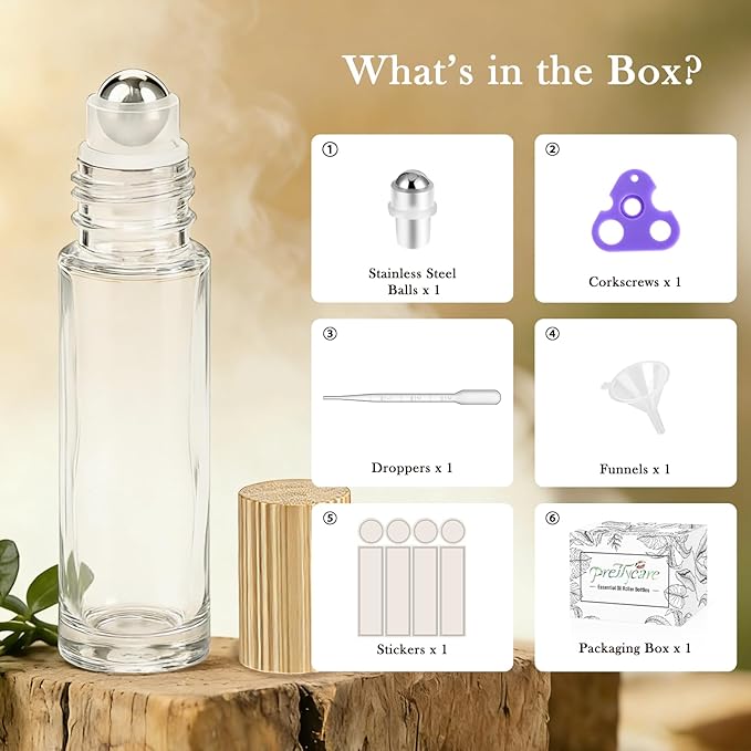 PrettyCare 4 Pack, 10 ml Essential Oil Roller Bottles with Stainless Steel Roller Ball - Refillable Leak-proof Empty Thick Clear Glass Roll on Bottles with Bamboo Caps for Travel, Perfume