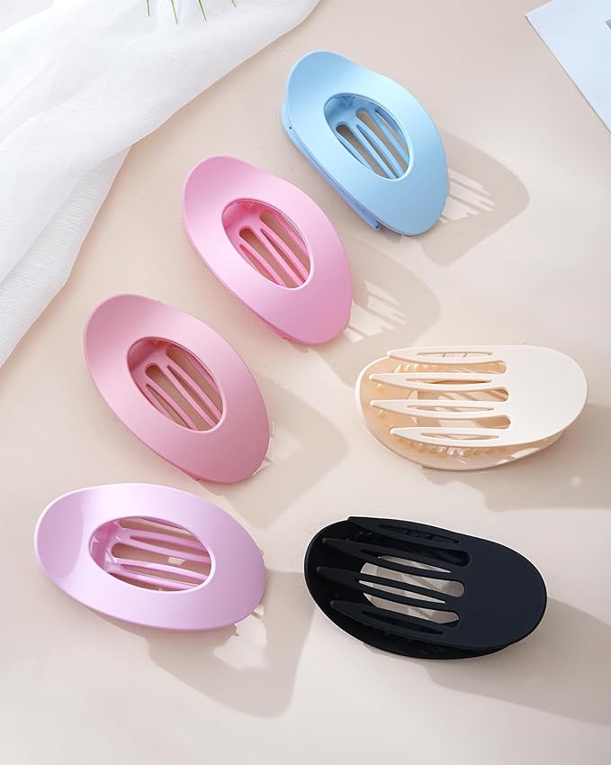 Mesovor 6 Pack Flat Hair Claw Clips, 4.33" Nonslip Large Round Lay Flat Hair Clips | Strong Hold French Flat Hairclips for Lying Down, Yoga, Driving (Candy Colored)