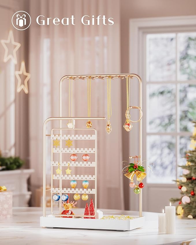 ProCase Jewelry Stand Holder Organizer, Jewelry Display Storage with Ring Tray, No-Assembly, Rotating Earring Bracelet Necklace Holder, Valentine's Gifts Room Dorm Decor for Teen Girls -Champagne