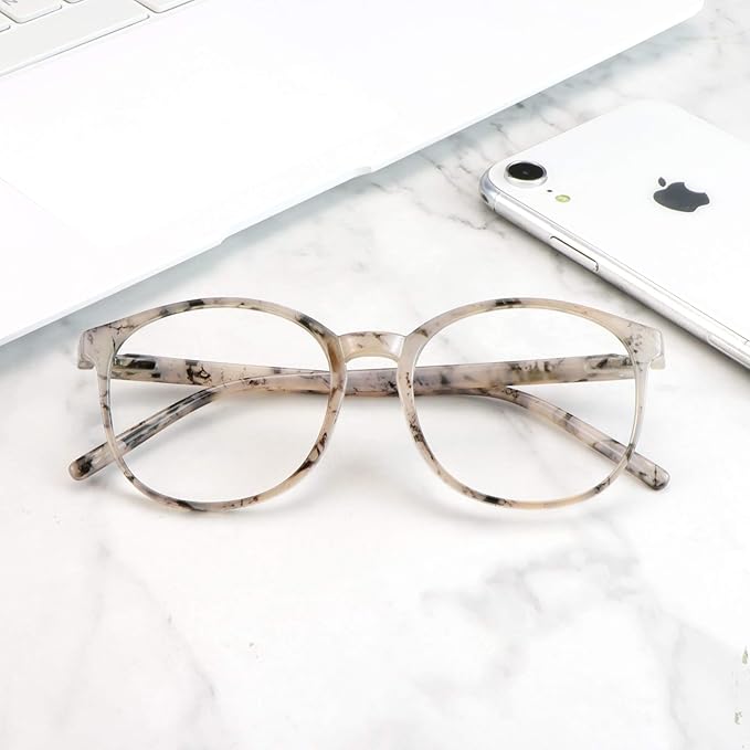 LifeArt Round Blue Light Blocking Glasses, Computer Glasses, Gaming Glasses, TV Glasses for Women Men (Marble, 4.50 Magnification)