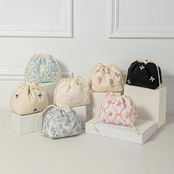 3pcs Large Cotton Quilted Makeup Bag Set,Coquette Aesthetic Cute Travel Toiletry Bag,Drawstring Gift Bag for Women and Girls(3Pcs Light Blue)