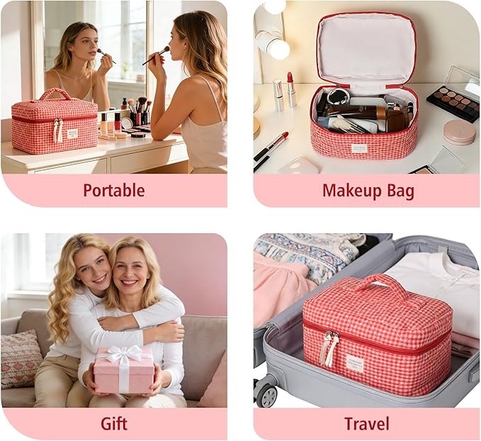 Large Makeup Bag, Cute Cosmetic Bag for Women Girls, Floral Coquette Aesthetic Toiletry Bag, Travel Make Up Organizer Bag(Red Checkered)