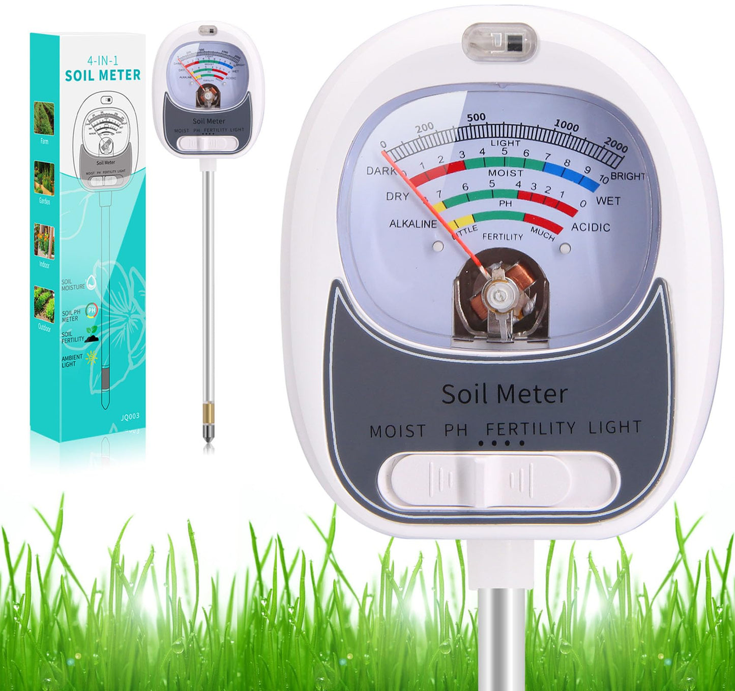 HSLGOVE 4-in-1 Soil Test Kit â Soil Moisture Meter, pH, Fertility & Sun-Light, No Battery Required, Large Dial Soil Tester for Indoor & Outdoor Gardening, Lawn, Farm âPearl White