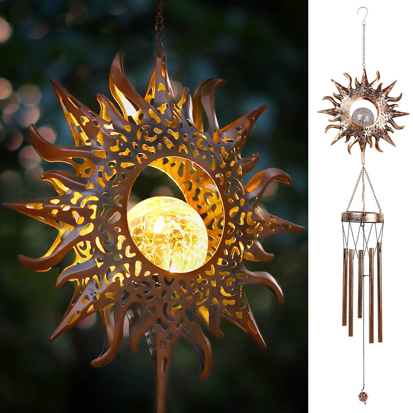 DesGully Solar Wind Chimes, Sun Wind Chime Outdoor Clearance w/Glowing Crackle Glass LED Unique Wind Bells for Outside Waterproof Chimes, Gifts for Her/Him (42" Long Metal Chimes)â¦