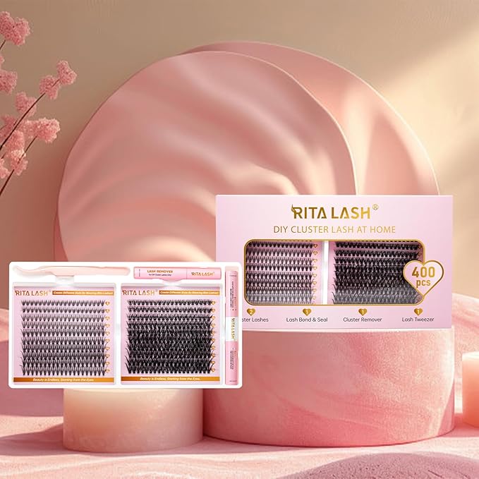 RITALASH Lash Extension Kit DIY Lash Clusters Kit 400pcs Cluster Lashes Individual Lashes Eyelash Extension Kit with Lash Bond and Seal,Lash Remover,Lash Tweezers(20D+40D Cluster Kit,8-16mm)