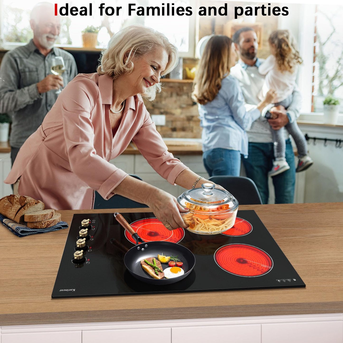 Karinear Electric Cooktop 30 Inch, 4 Burners Electric Stove Top, Built-in Radiant Cooktop with Expandable Burner, Knob Control, Safety Lock, Timer, 6700W 220~240V Hard Wired(No Plug)