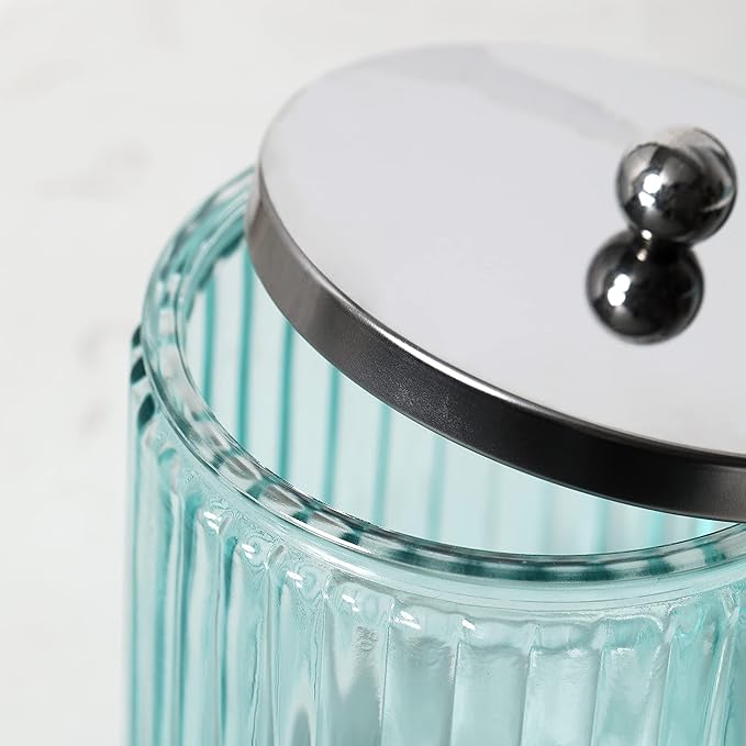 KMwares 2-Pack Glass Bathroom Jars – Blue Ribbed Glass with Lids – Cotton Ball, Q-Tip, Swab, Floss Holder – Modern Organizer for Bathroom, Vanity – Decorative Countertop Storage (Turquoise Blue)