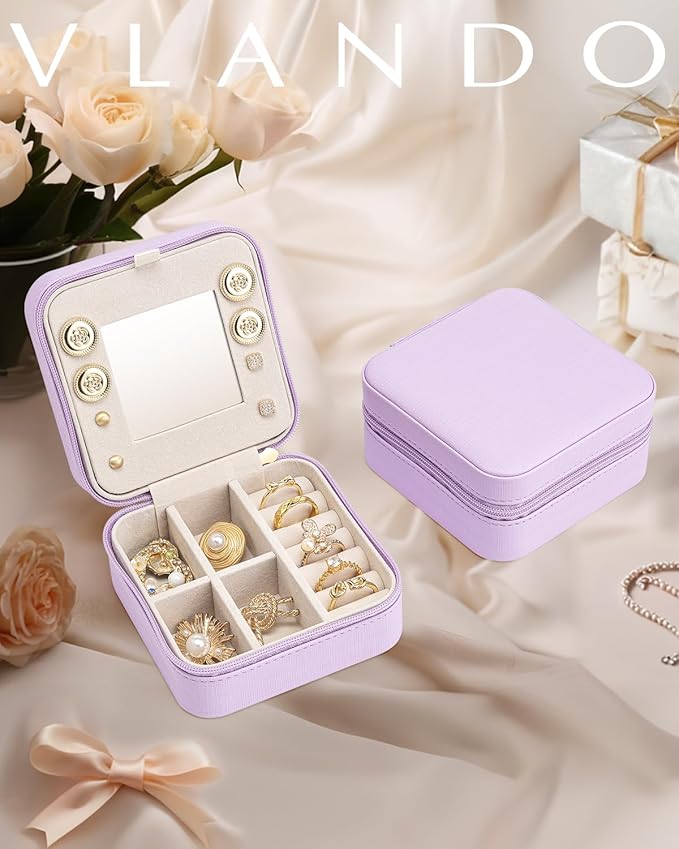 VLANDO Small Travel Jewelry Box Organizer - Girls Women Gift Rings Earrings Necklaces Jewelry Storage Display Case with Mirror Purple