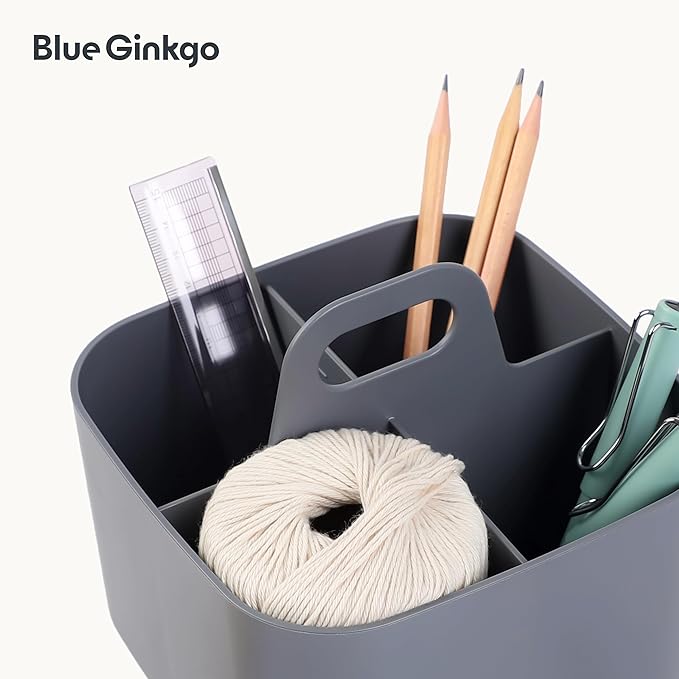 BLUE GINKGO Small Stackable Organizer Caddy – Korean-Made Portable Tote for Bathroom, Office, Crafts, or School Supplies (Square, Gray)