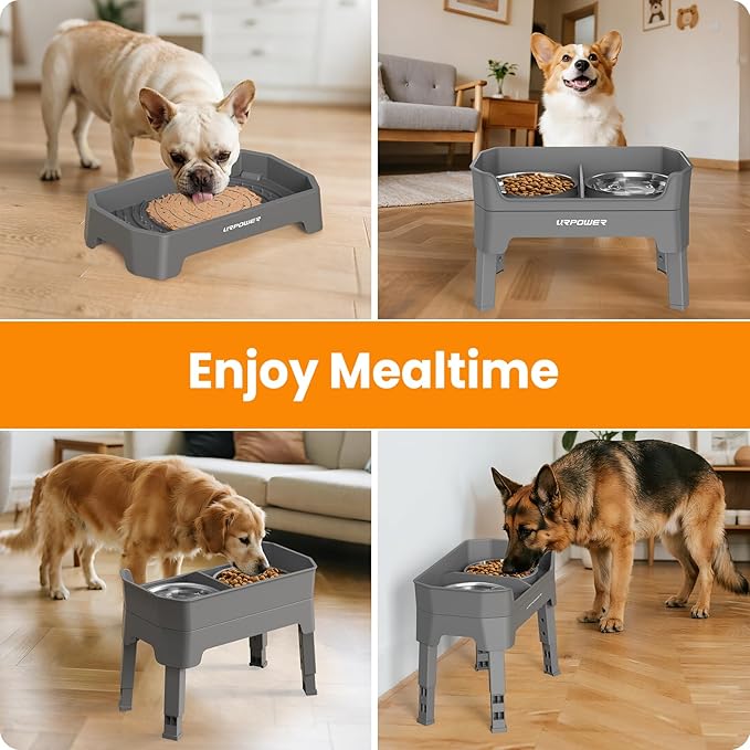 URPOWER 3-in-1 Elevated Dog Bowls - Mess Proof Double Deck 4 Height Adjustable Raised Stand with 2 Stainless Steel Food Bowls and Licking Plate for Small Medium & Large Dogs