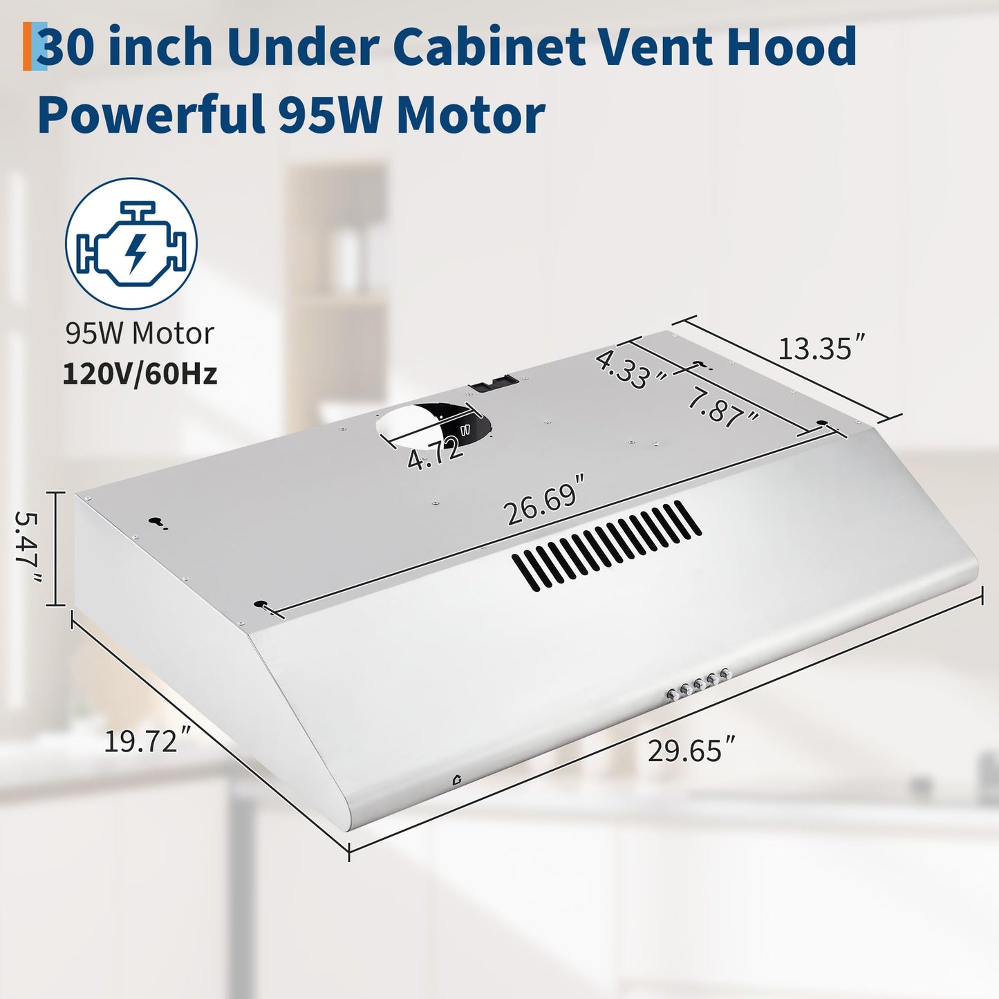 30 Inch Under Cabinet Range Hood, Stainless Steel Kitchen Vent Hood, Ducted/Ductless Convertible, 3-Speed Fan Controls, LED Lights, 2 Dishwasher-Safe Aluminum Filters
