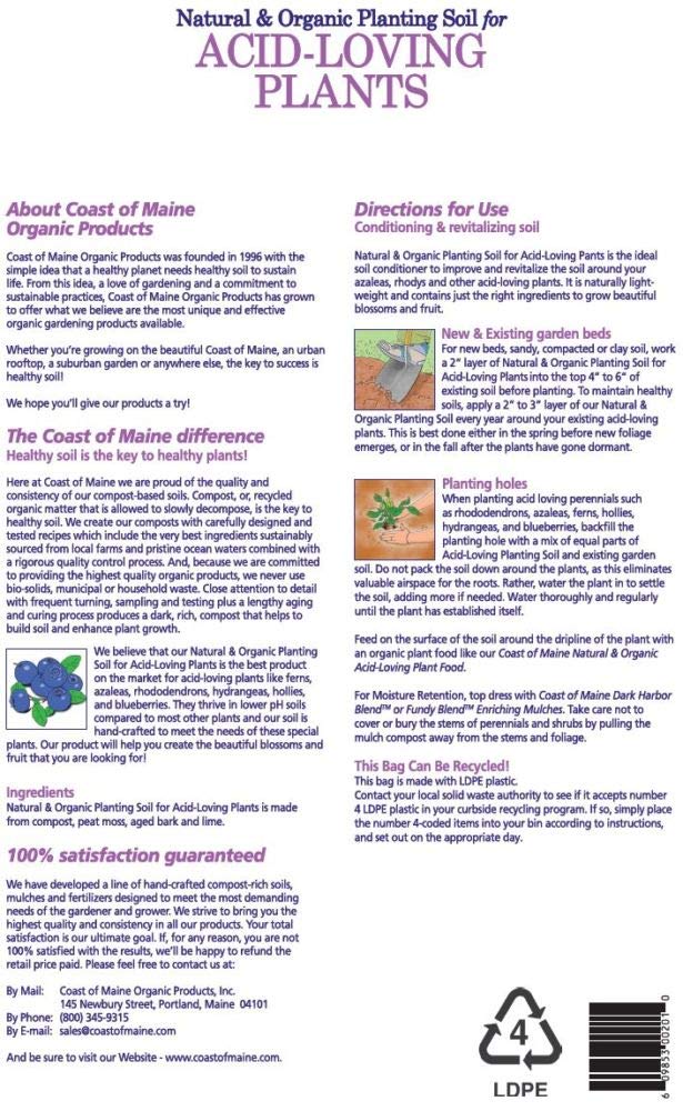 Coast of Maine Organic & Natural Planting Soil for Acid Loving Plants Azalea, Rhododendron & Berries - Premium Planting Soil w/Composted Manure, Sphagnum Peat Moss - Low pH, Enhanced Drainage (20 Qt)